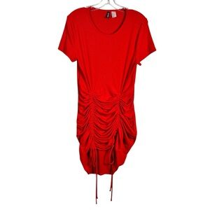 H&M Divided Red Ribbed Knit Ruched Bodycon Fitted Short Sleeve Dress Large L